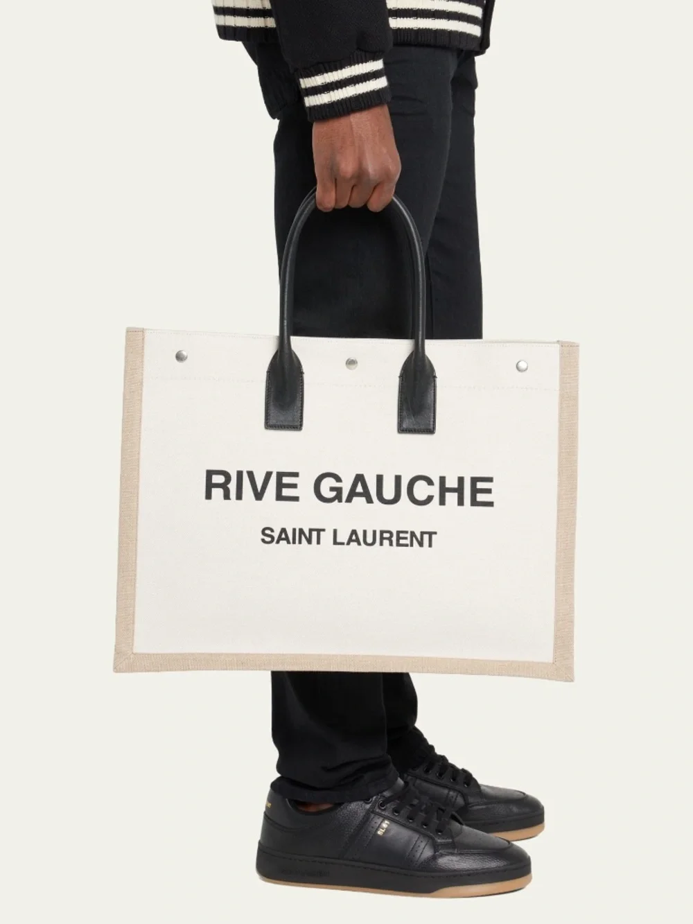 Saint Laurent YSL Rive Gauche White Black Canvas Logo Leather Tote Bag